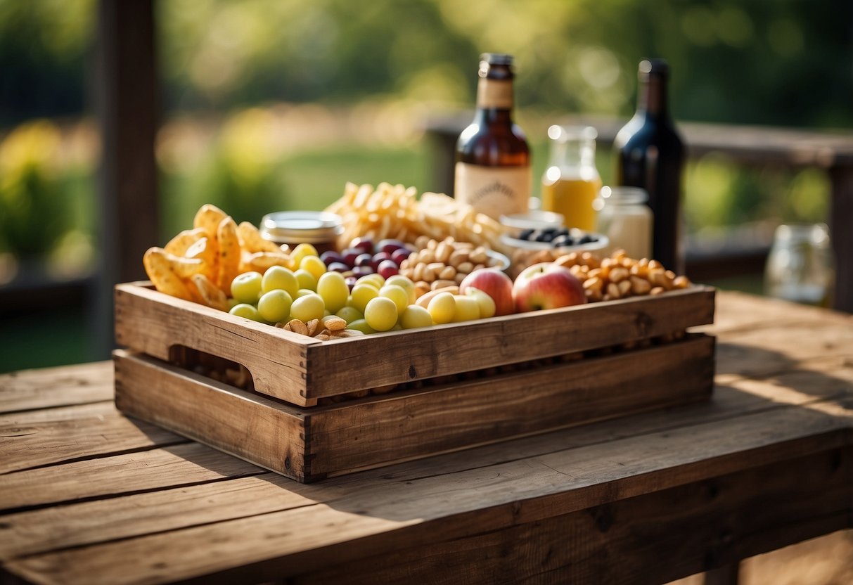 A rustic wooden snack crate sits on a farmhouse table, filled with an assortment of snacks and surrounded by decorative accents