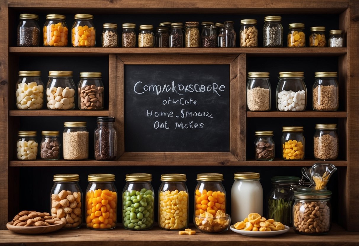 Mini chalkboard label jars arranged on a wooden shelf with various snacks, surrounded by decorative home decor items