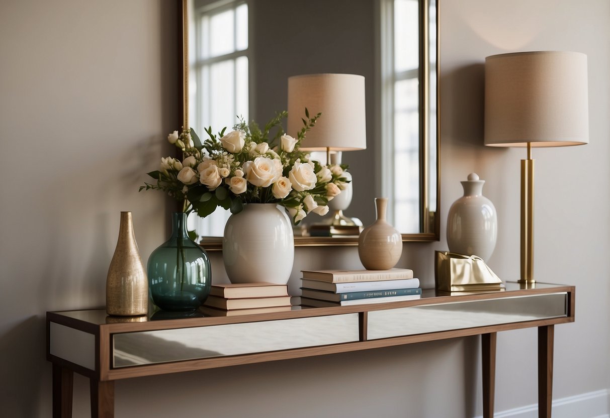 A modern sofa table with a sleek lamp, decorative vases, and a stack of books, set against a neutral wall with a large mirror above