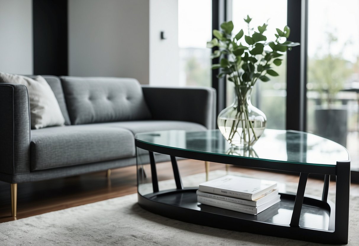 A sleek, modern glass top sofa table sits against a backdrop of minimalist home decor, with clean lines and neutral colors