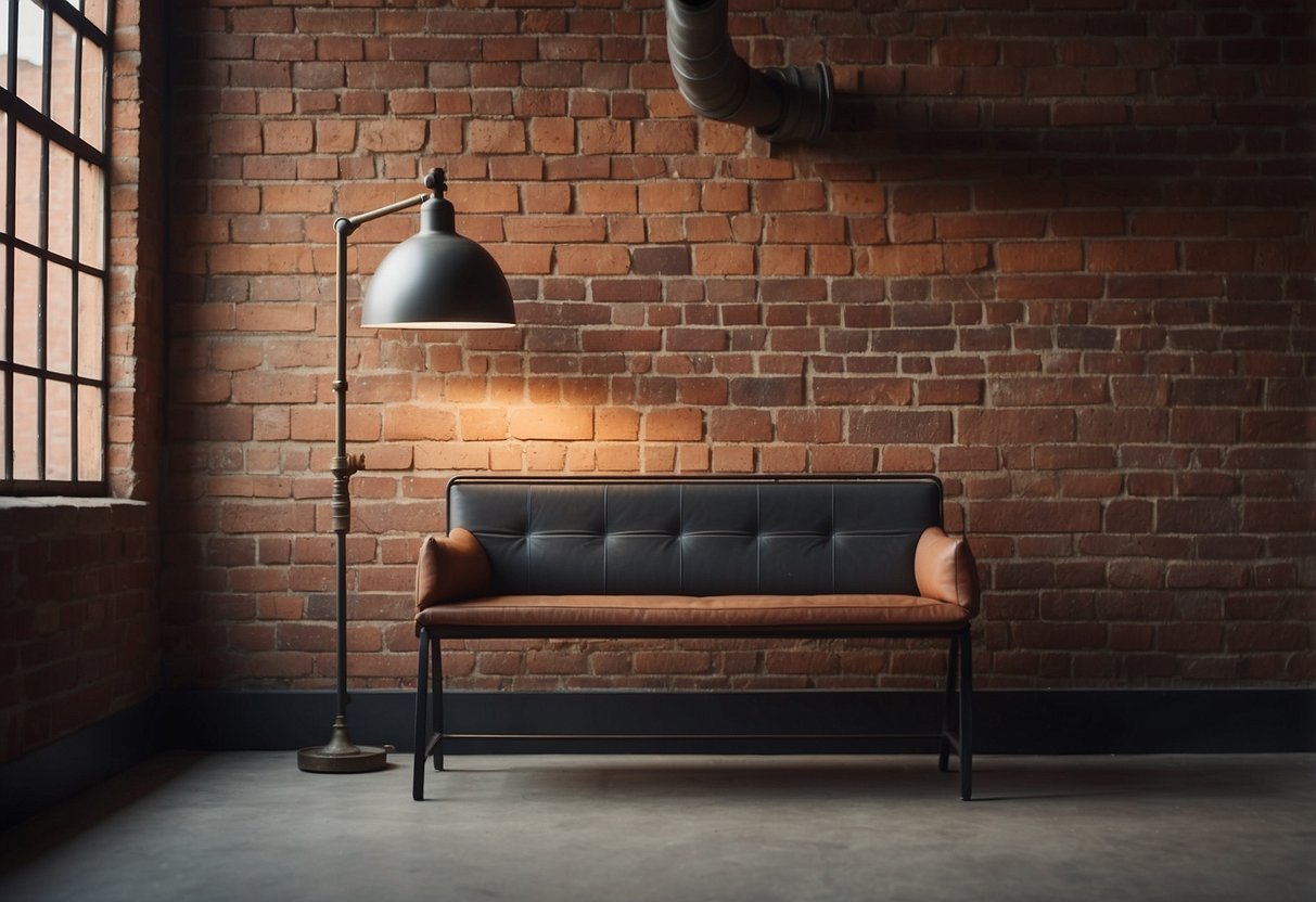 A sturdy metal and wood sofa table stands against a brick wall, adorned with industrial decor and a vintage lamp