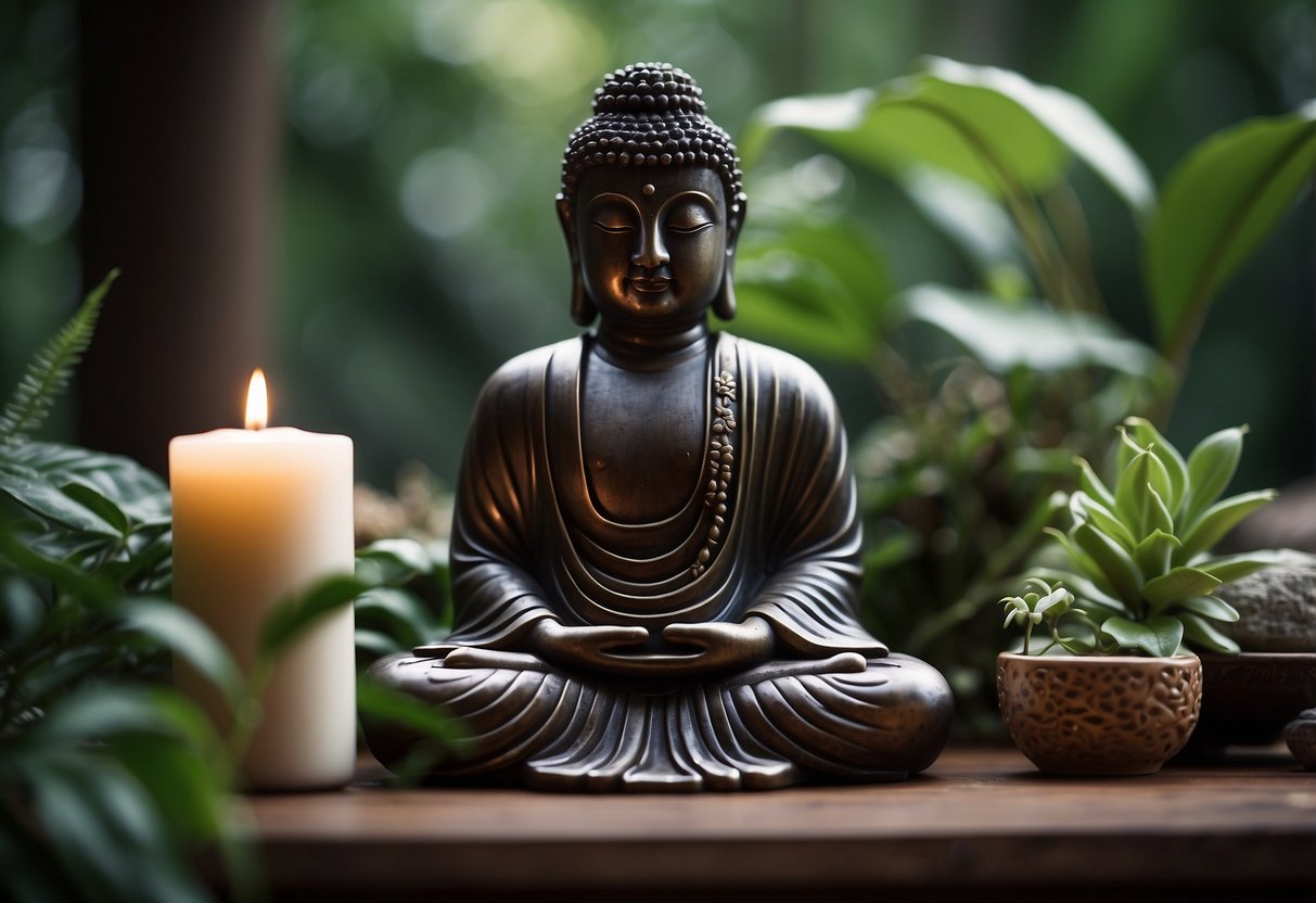 A serene meditation space with incense, candles, and a Buddha statue surrounded by plants and natural elements