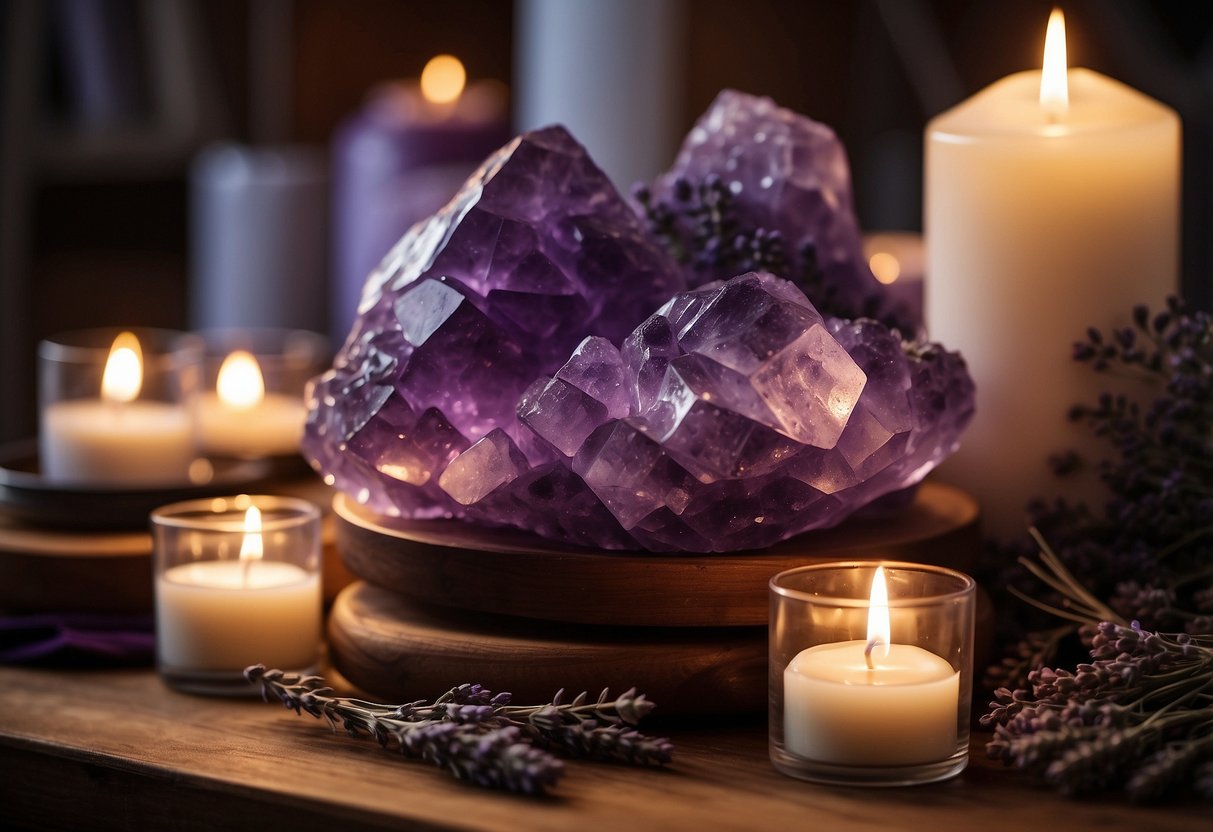 A large amethyst crystal cluster sits on a wooden shelf, surrounded by flickering candles and dried lavender. The soft glow of the candles highlights the purple hues of the crystal, creating a tranquil and spiritual atmosphere