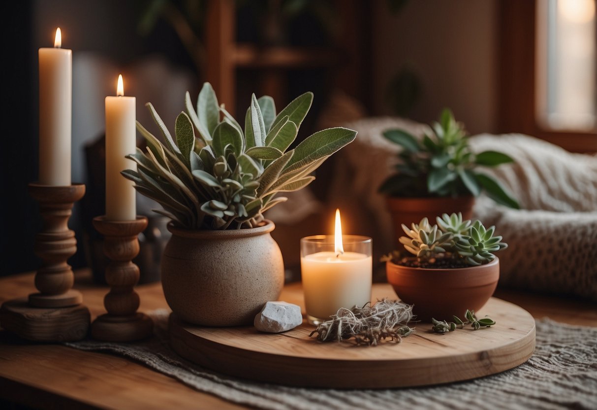 A cozy room with soft lighting and earthy decor. A wooden table holds sage smudge sticks, crystals, and candles. A tapestry and potted plants add to the spiritual ambiance