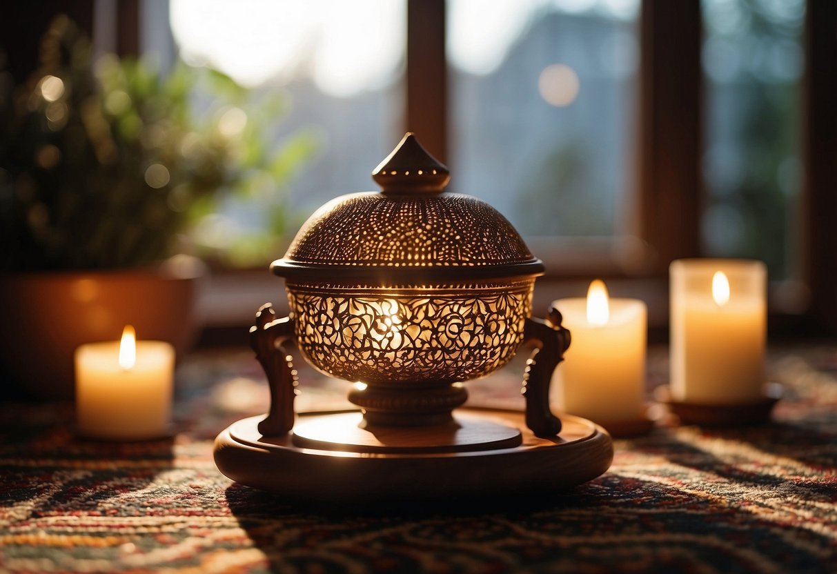 A wooden incense burner sits on a patterned rug, surrounded by candles and crystals. Sunlight streams through a window, casting warm, ethereal shadows