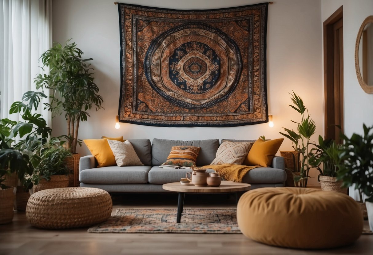 A cozy living room with colorful tapestries hanging on the walls, surrounded by plants and soft lighting, creating a serene and spiritual atmosphere