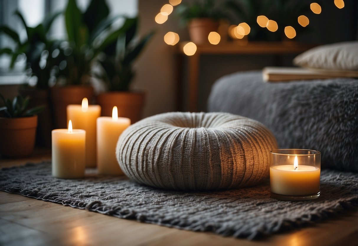 A cozy meditation cushion surrounded by candles and plants on a soft rug, creating a peaceful and serene atmosphere for spiritual home decor