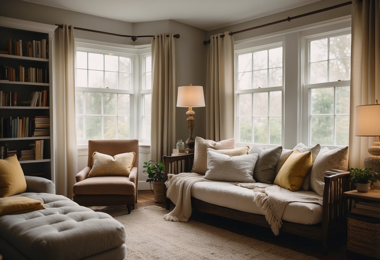 A cozy spare room with a daybed, soft throw pillows, and a small side table with a lamp. A bookshelf filled with books and decorative items. A large window with sheer curtains letting in natural light