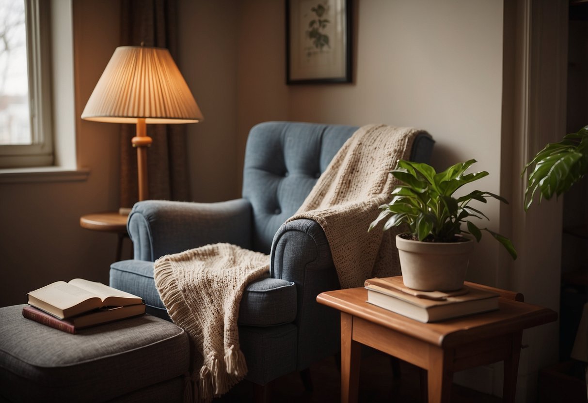 A vintage armchair sits in a cozy spare room, adorned with a knitted throw and a stack of old books. A small side table holds a vintage lamp and a potted plant, creating a warm and inviting atmosphere