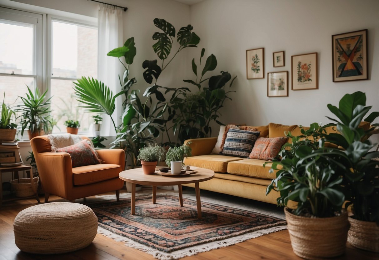 A cozy spare room with a colorful bohemian rug as the focal point, surrounded by vintage furniture and plants, creating a relaxed and eclectic atmosphere