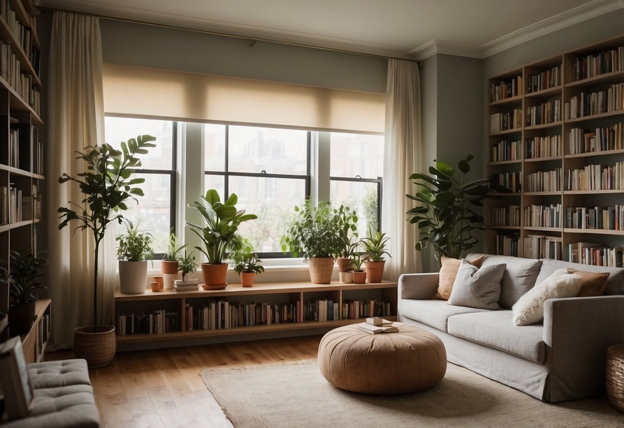 A spare room with floor-to-ceiling curtains, soft lighting, and cozy seating. A bookshelf filled with books and decorative plants adds a touch of warmth to the room