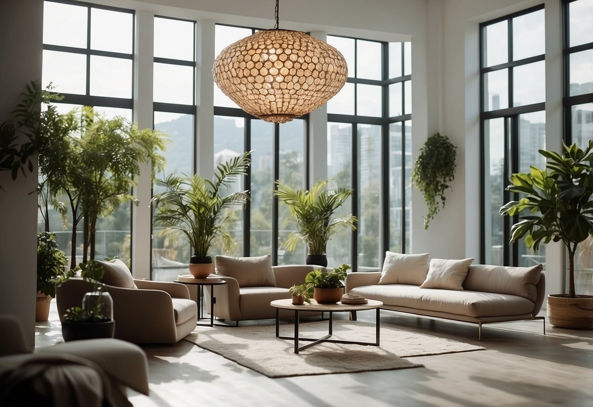 A modern living room with high ceilings, large windows, minimalist furniture, and neutral color scheme. A statement chandelier hangs from the ceiling, and potted plants add a touch of greenery