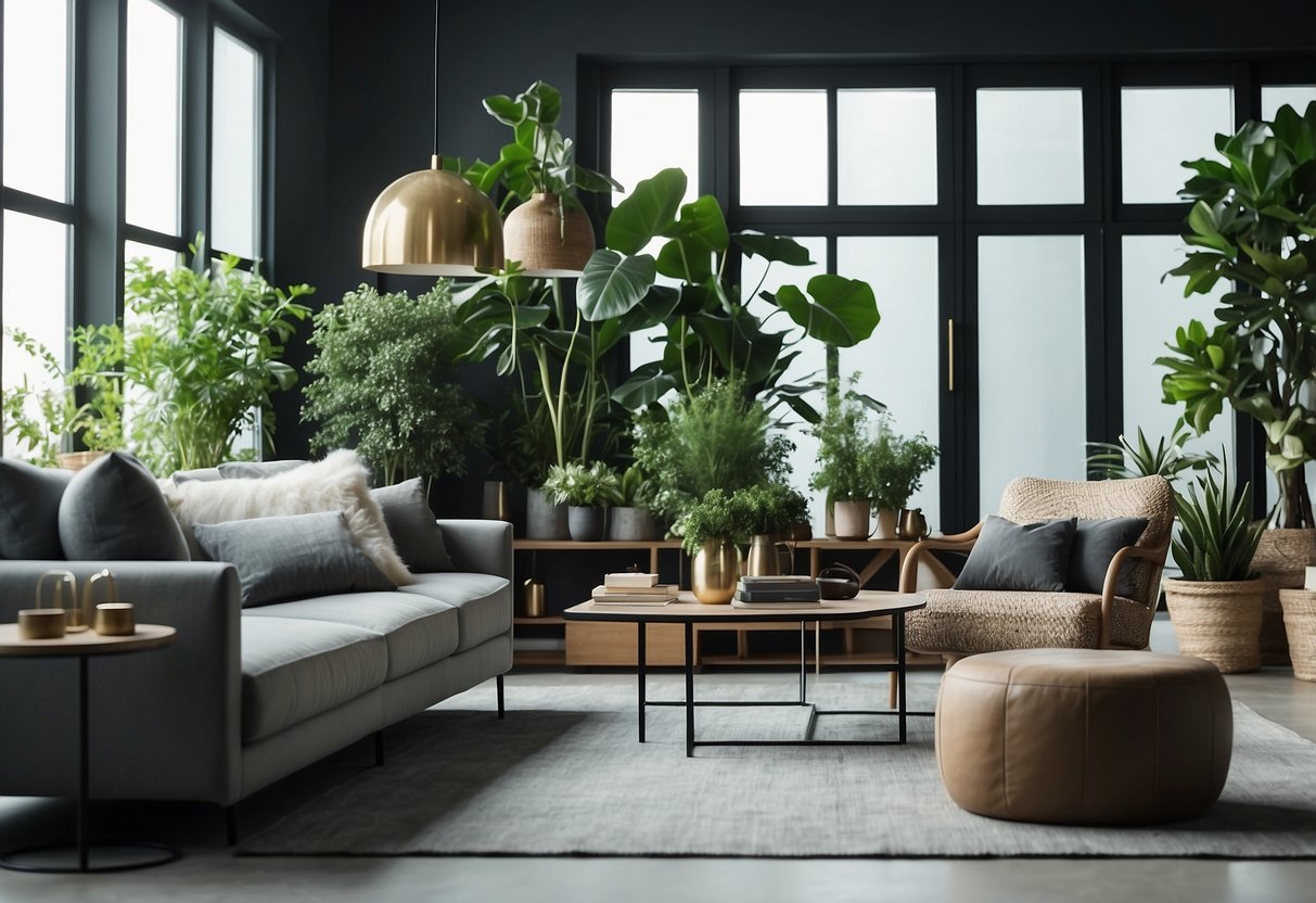 A modern living room with sleek shelves filled with stylish decor and plants, creating a minimalist and organized space