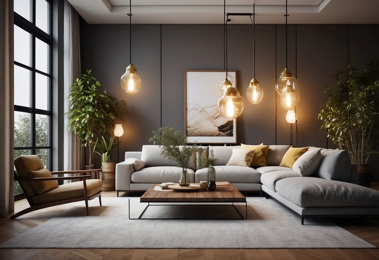 A modern living room with statement lighting fixtures illuminating the spacious home decor