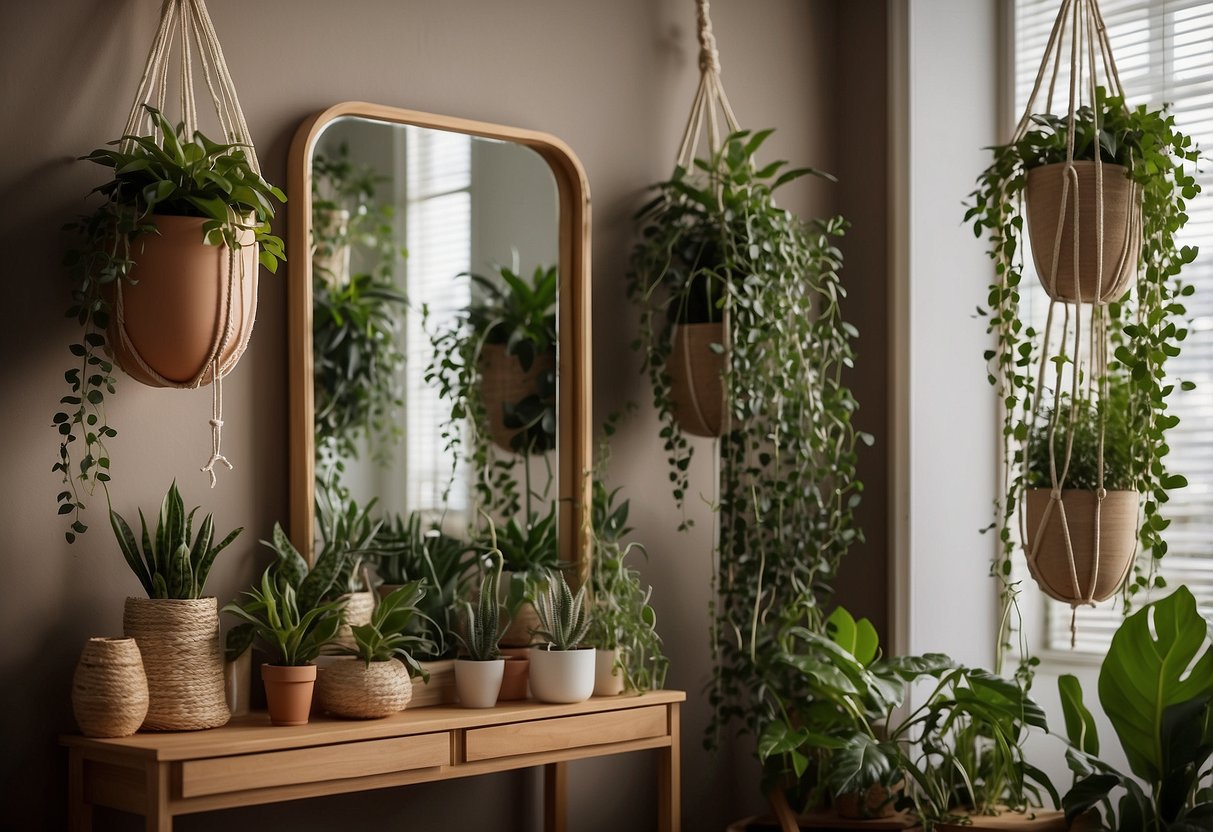 A tall bookshelf against a wall, filled with plants and art, with a hanging macrame plant holder and a large mirror reflecting the open space