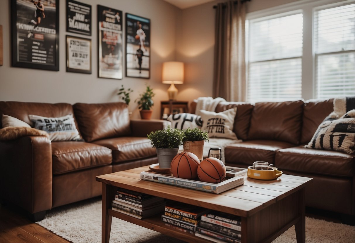 A living room with sports memorabilia on the walls, a cozy couch with team-themed pillows, and a coffee table displaying sports magazines and a mini basketball hoop