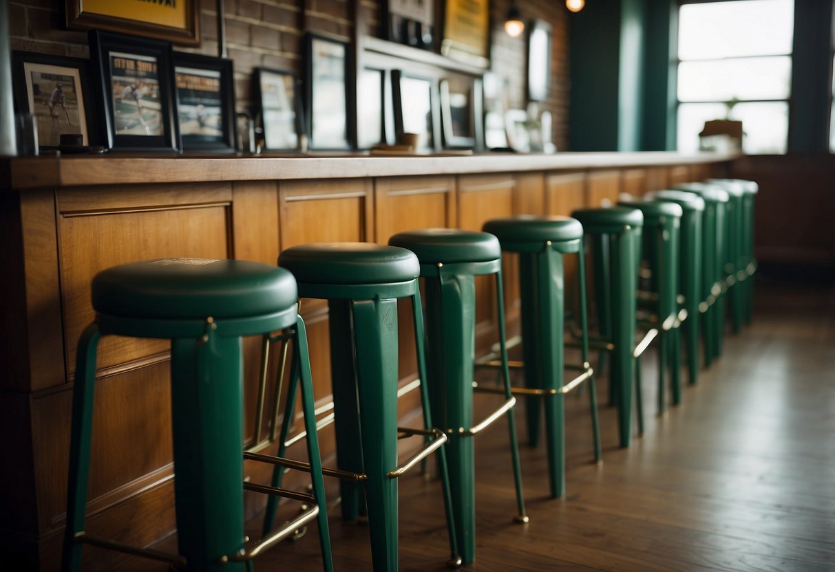 Stadium seat bar stools arranged in a sports-themed room with team memorabilia and wall decor