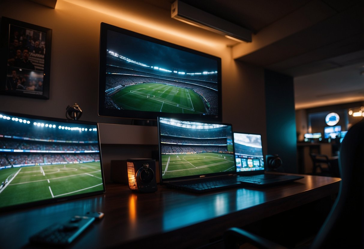 A dark room with LED stadium lights illuminating sports memorabilia on the walls, creating a vibrant and energetic atmosphere for a sports fan's home decor