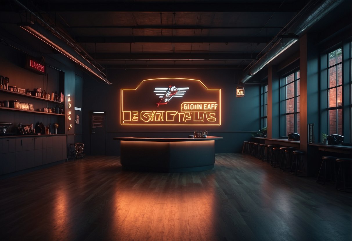 A dimly lit room with a large, glowing neon sign featuring a custom team name. The sign hangs on a plain wall, creating a focal point for sports fans