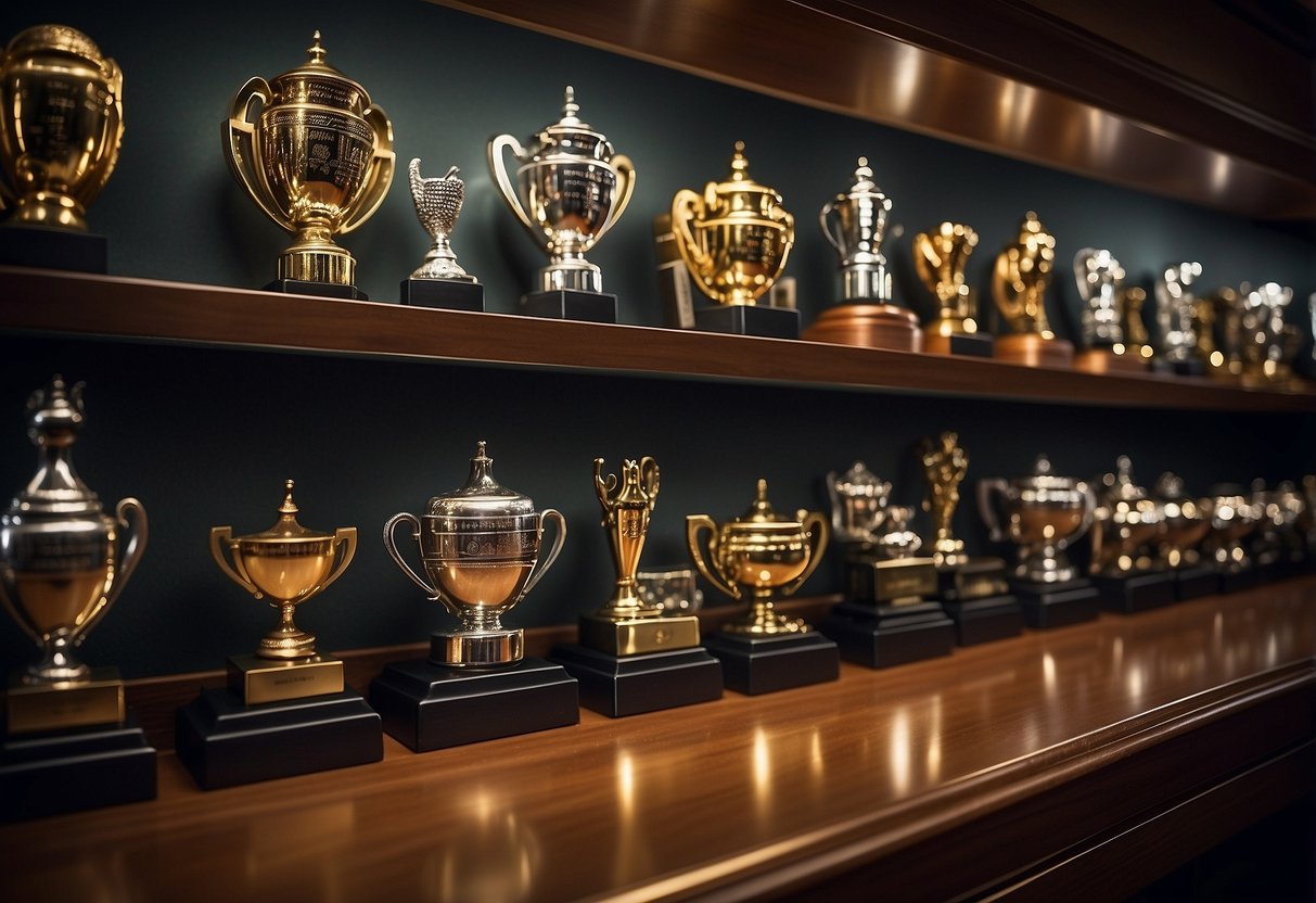 A display shelf showcases replica championship trophies, surrounded by sports memorabilia and framed jerseys. The trophies gleam under track lighting, adding a sense of pride and achievement to the room