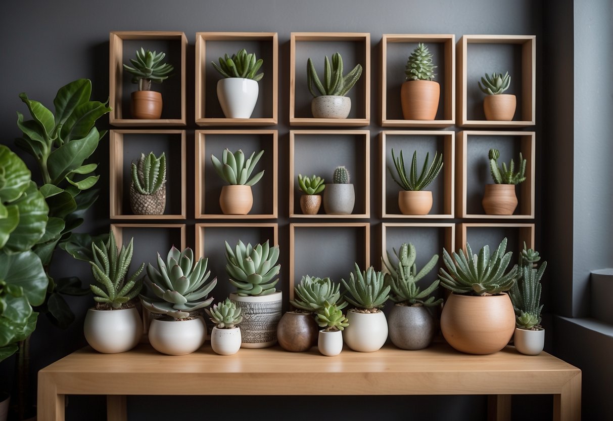 A square wooden shelf adorned with succulents, books, and geometric vases. A gallery wall of square frames with minimalist prints