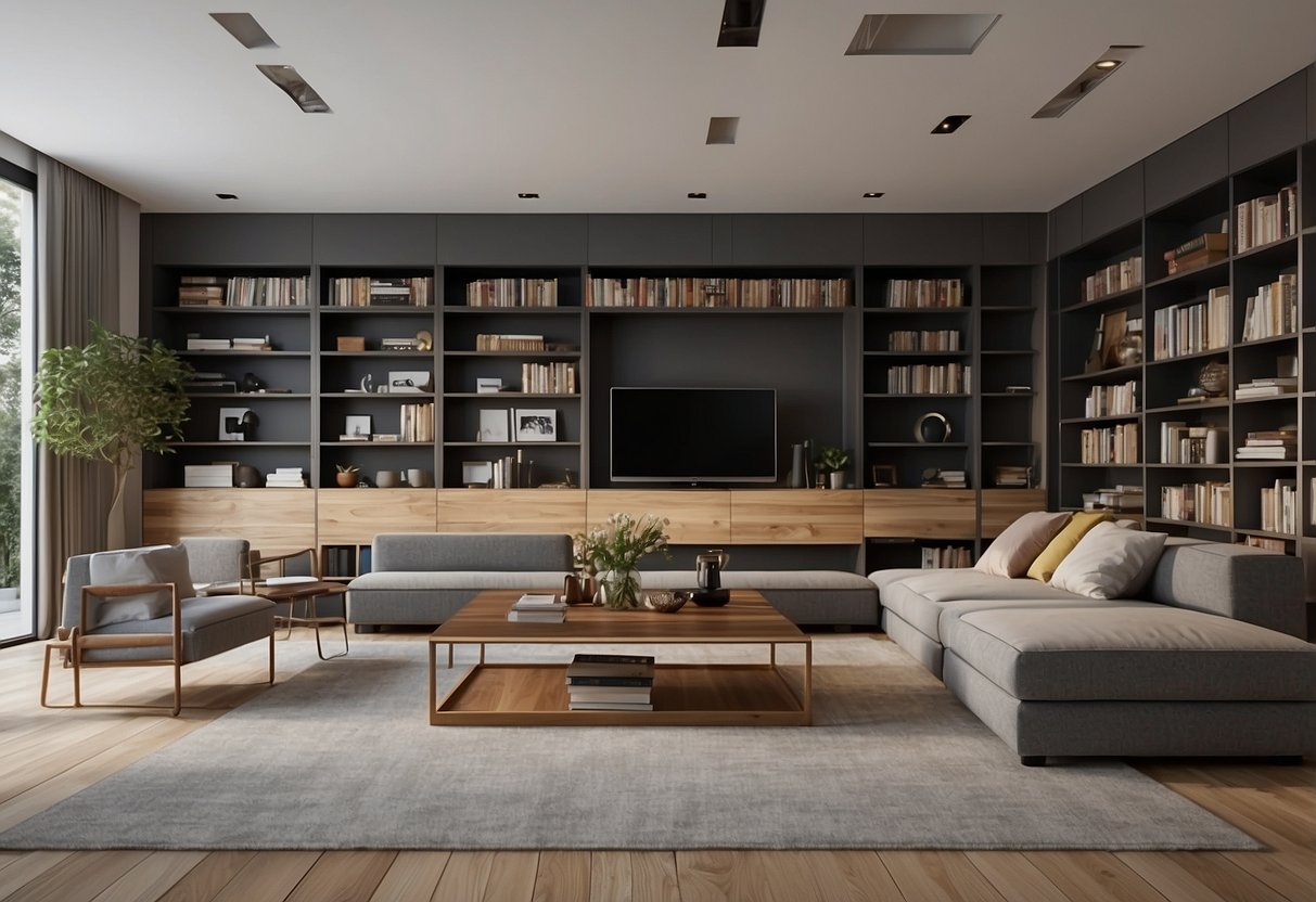 A spacious living room with modular bookshelves arranged in a square pattern, showcasing various home decor items and books