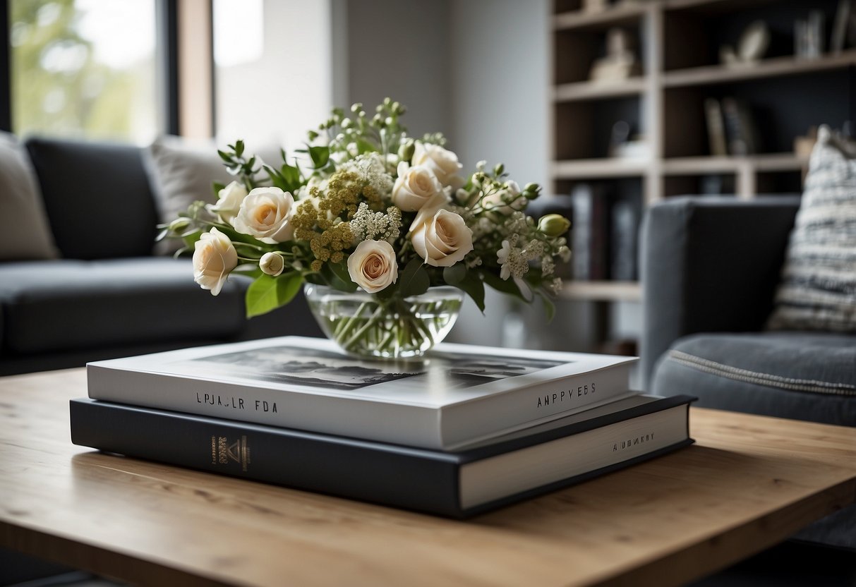 A square coffee table sits in a modern living room, adorned with a vase of fresh flowers and a stack of art books