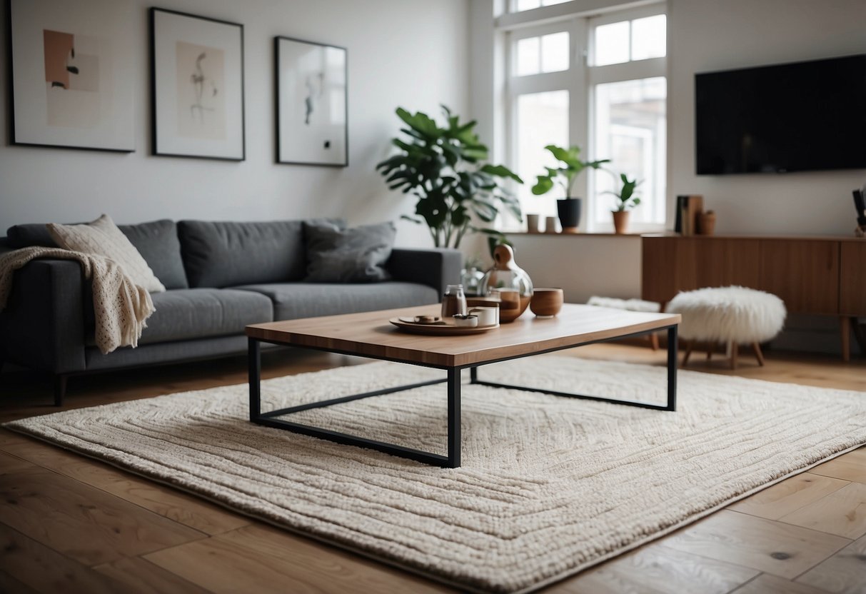 A square area rug lies in the center of a minimalist living room, adding a touch of warmth and style to the space