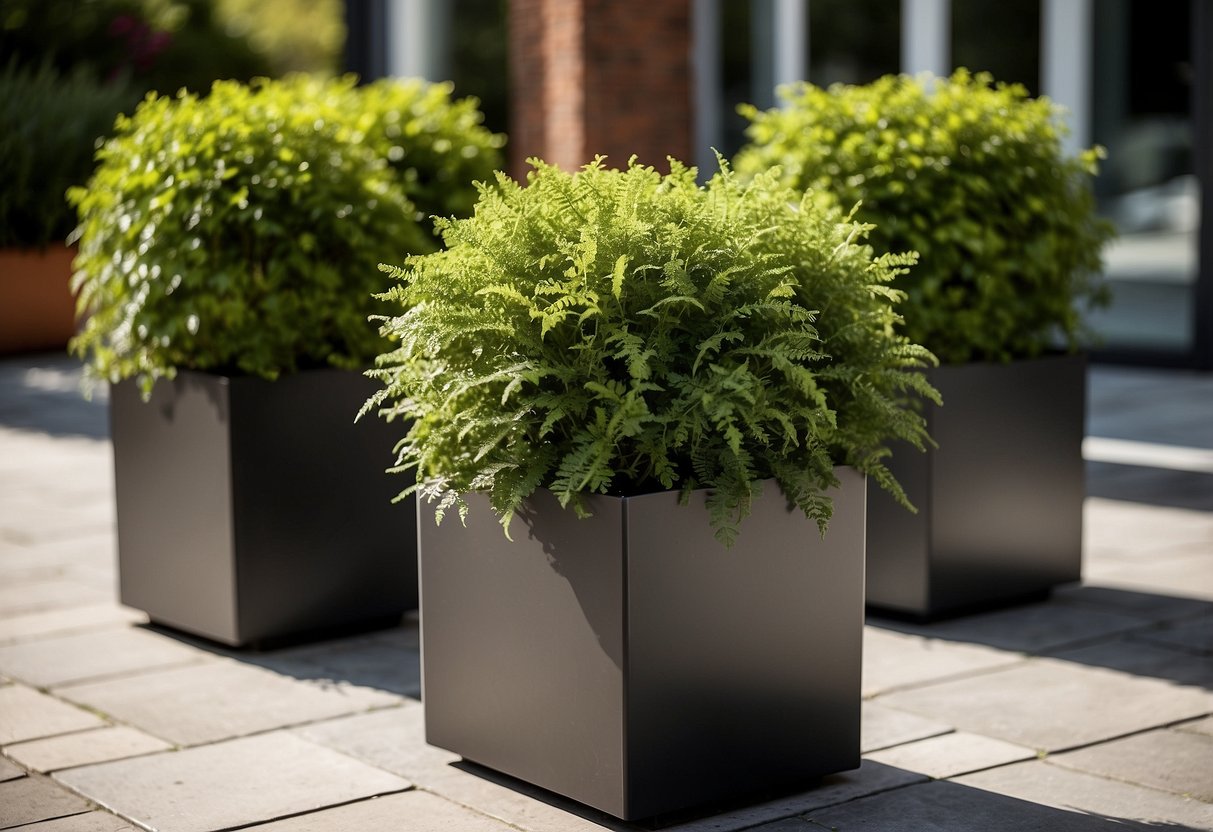 Four square planters arranged on a modern patio, filled with vibrant greenery. Surrounding them are sleek, minimalist home decor items, creating a stylish and contemporary outdoor space