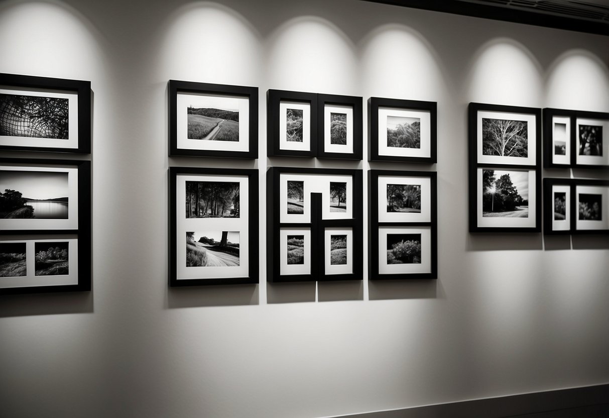 Multiple square picture frames arranged on a white wall, casting shadows