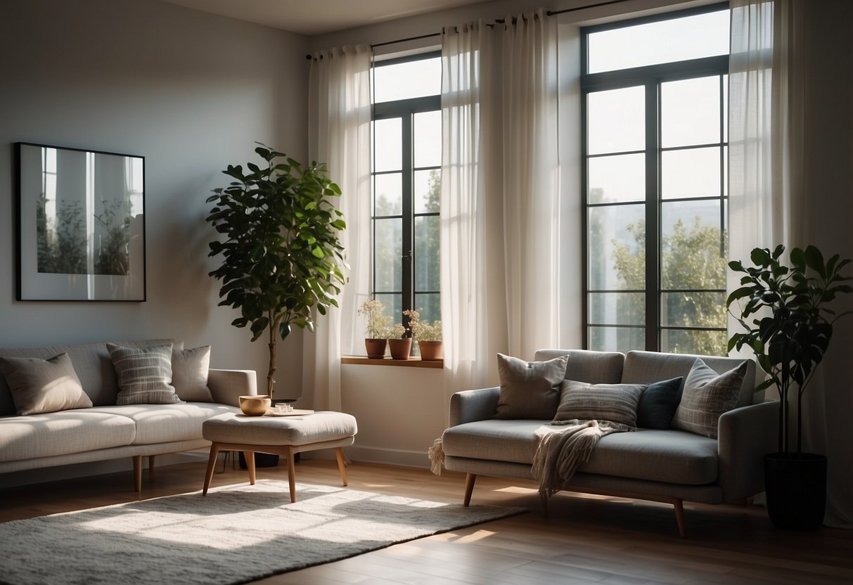 A living room with grid pattern curtains, minimalist square home decor, and natural light streaming through the windows