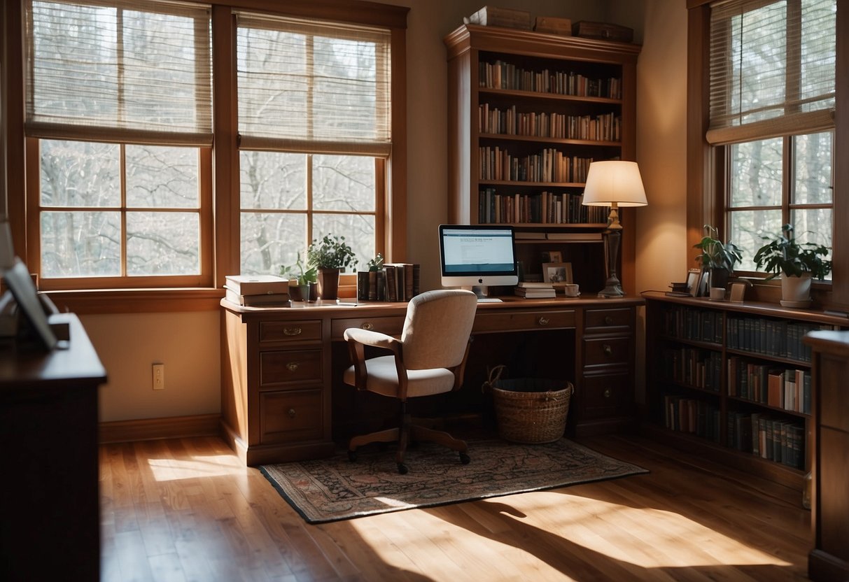 A cozy study room with a large wooden desk, bookshelves filled with books, a comfortable reading chair, and a soft rug on the floor. The room is well-lit with natural light from a window and a stylish desk lamp