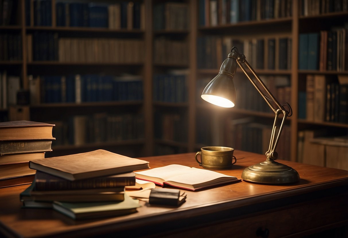 A vintage desk lamp illuminates a cluttered study room with books and papers. A cozy armchair sits nearby, inviting readers to curl up with a good book