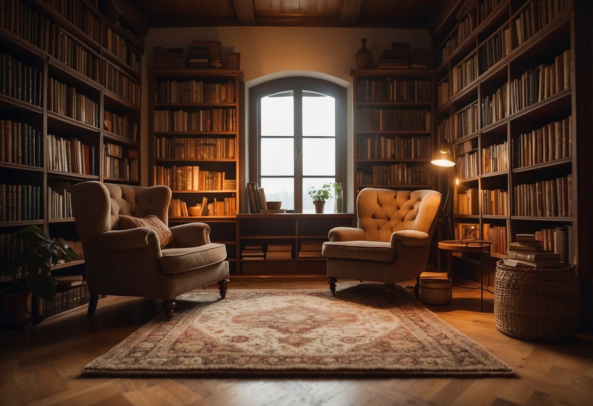 A study room with a warm, earth-toned cozy rug, a comfortable armchair, a wooden bookshelf filled with books, and a soft reading lamp casting a warm glow