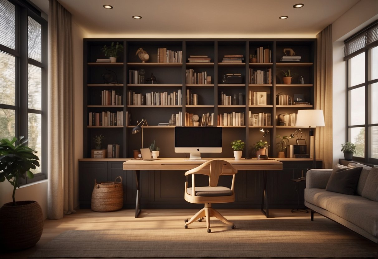 A cozy study room with a desk, chair, bookshelves, and a framed quote on the wall. Warm lighting and peaceful ambiance