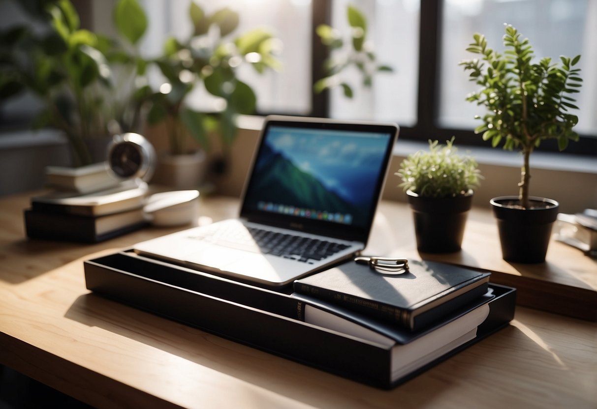 A sleek desk organizer sits on a modern desk, holding pens, notebooks, and a small potted plant. The study room is bathed in natural light, with shelves of books in the background