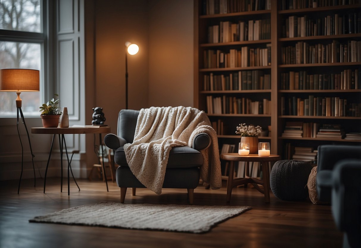 A cozy study room with a soft throw blanket draped over a chair, surrounded by bookshelves and a warm reading lamp