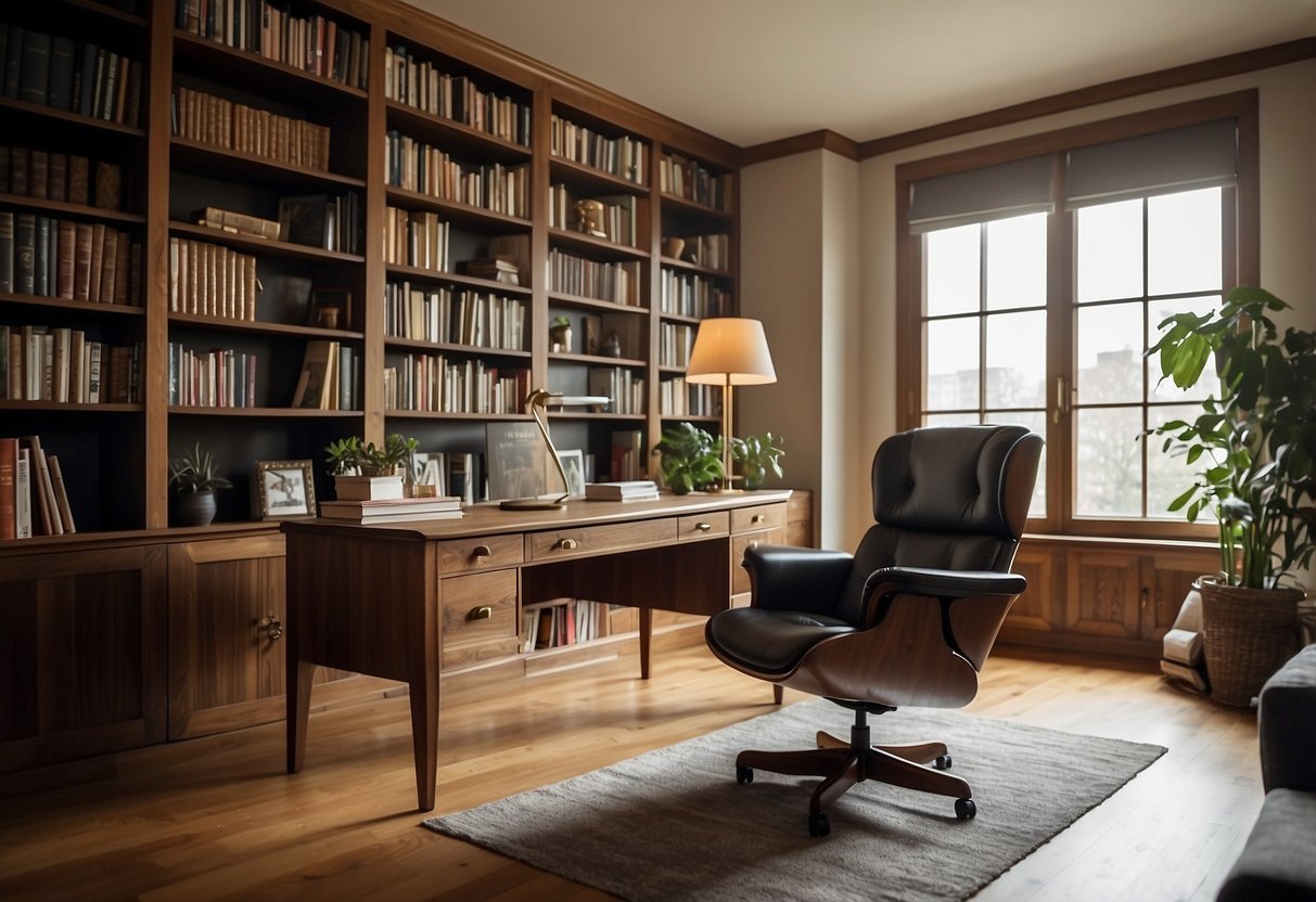 A cozy study room with a large wooden desk, ergonomic chair, bookshelves, and a comfortable reading nook with a soft armchair and a side table for a warm cup of tea