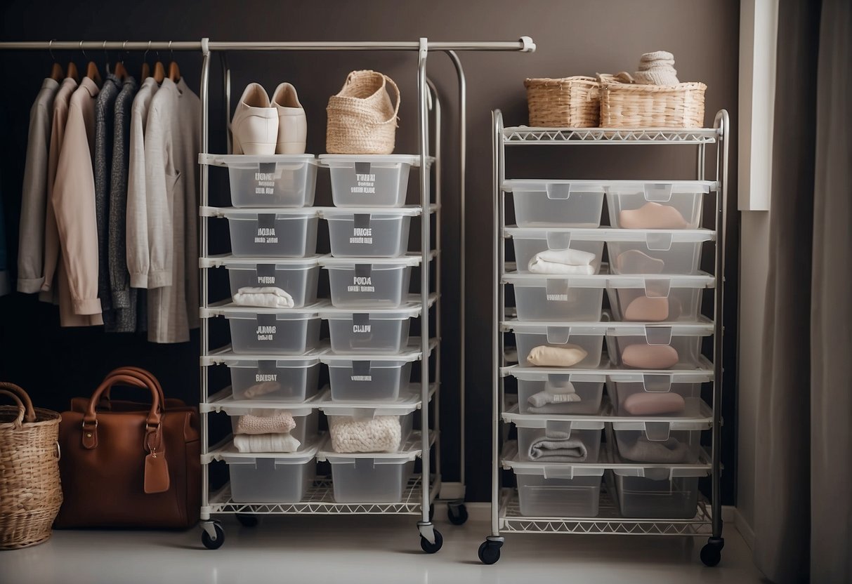 A neatly organized closet with labeled bins, hanging shelves, and clear storage containers for shoes and accessories. A rolling storage cart with drawers sits in the corner