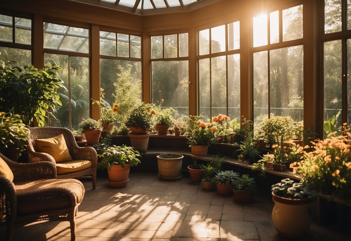 A sunlit sunroom with cozy seating, potted plants, and a view of the garden. Warm colors and natural textures create a relaxed atmosphere