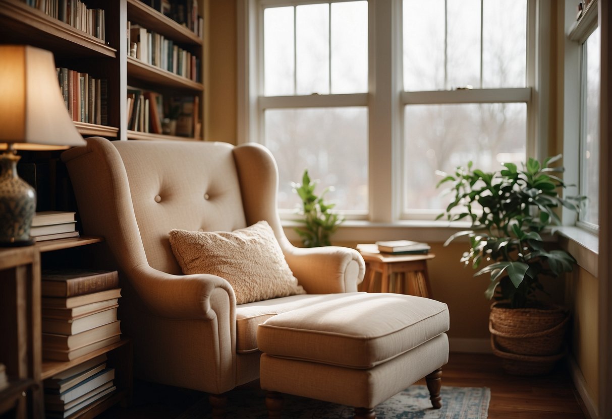 A sunlit sunroom with a plush armchair nestled in a nook surrounded by built-in shelving filled with books and cozy decor