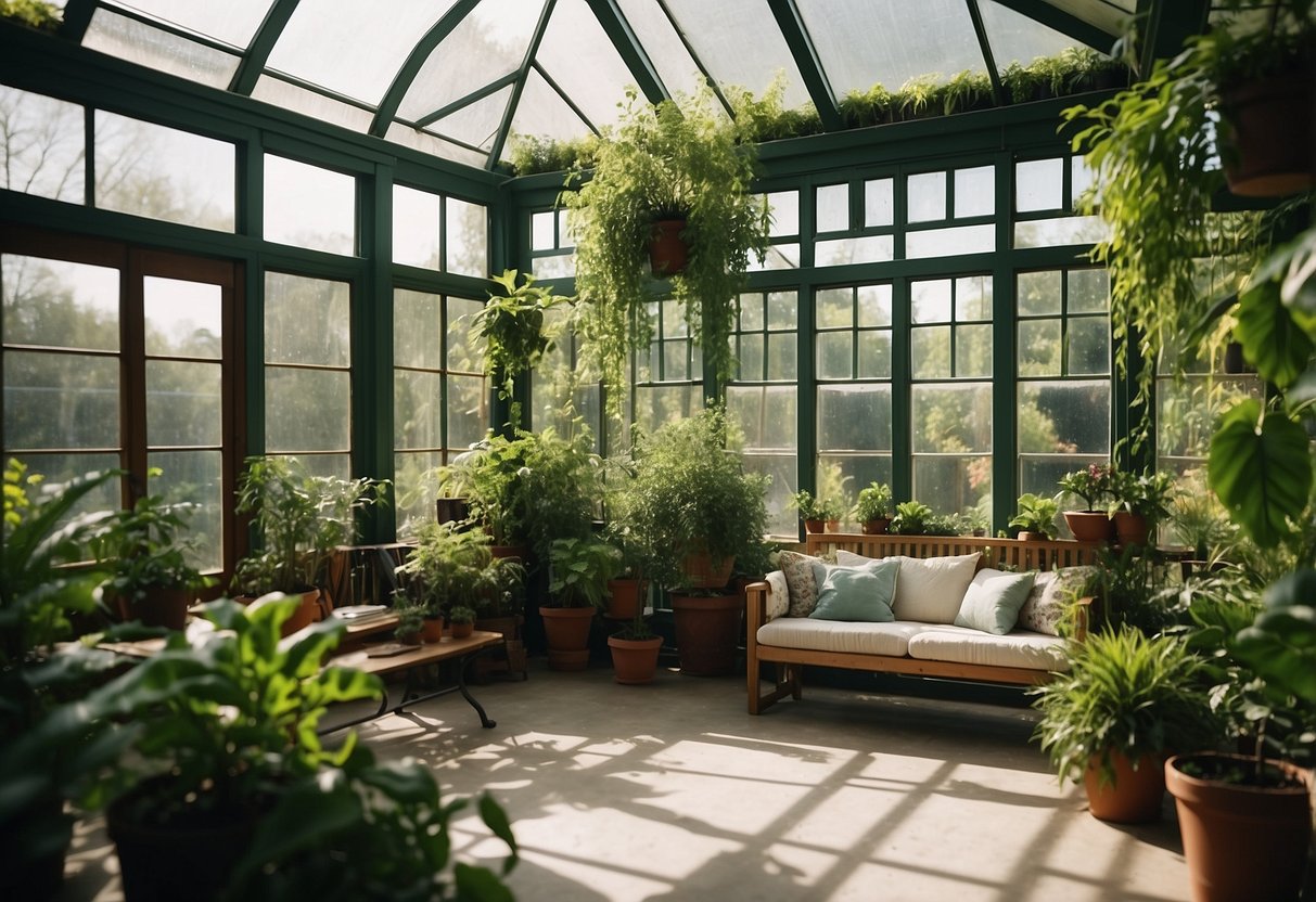 An indoor sunroom filled with lush green hanging plants, creating a tranquil garden oasis