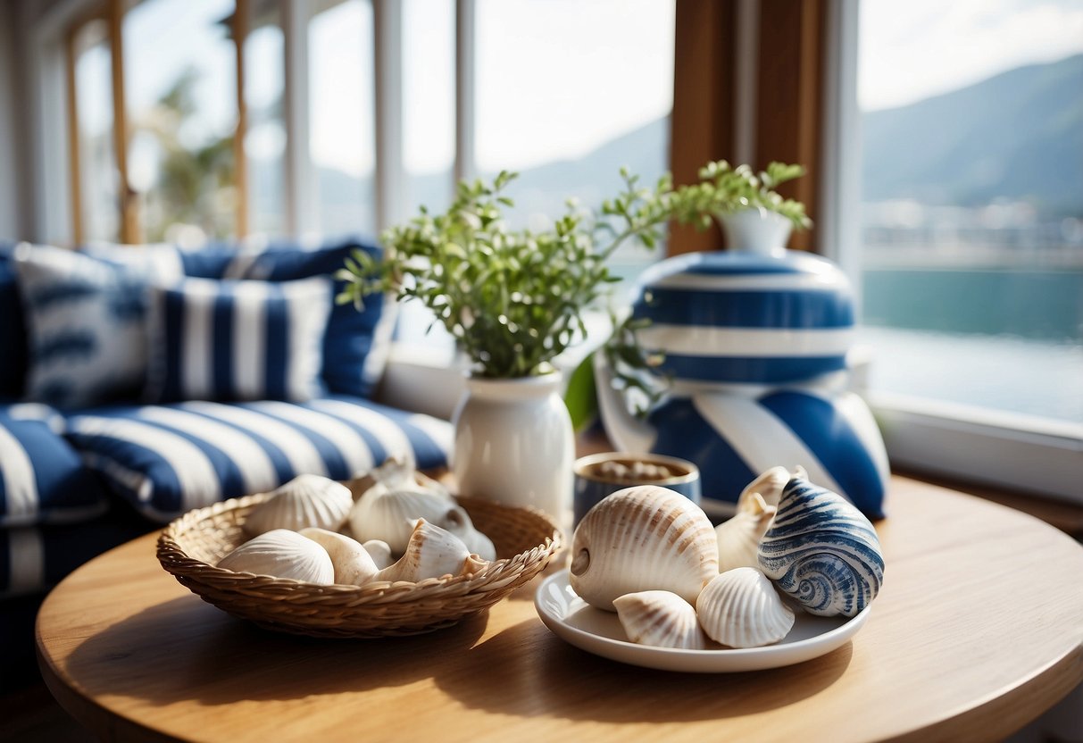 A sunlit sunroom with nautical decor: striped blue and white cushions, a sailboat model, and a seashell collection on a wooden table