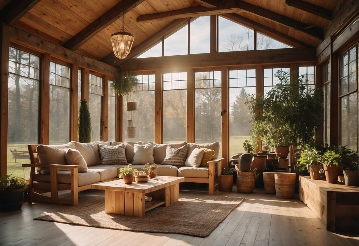 A sunlit rustic farmhouse sunroom with wooden accents and cozy furniture