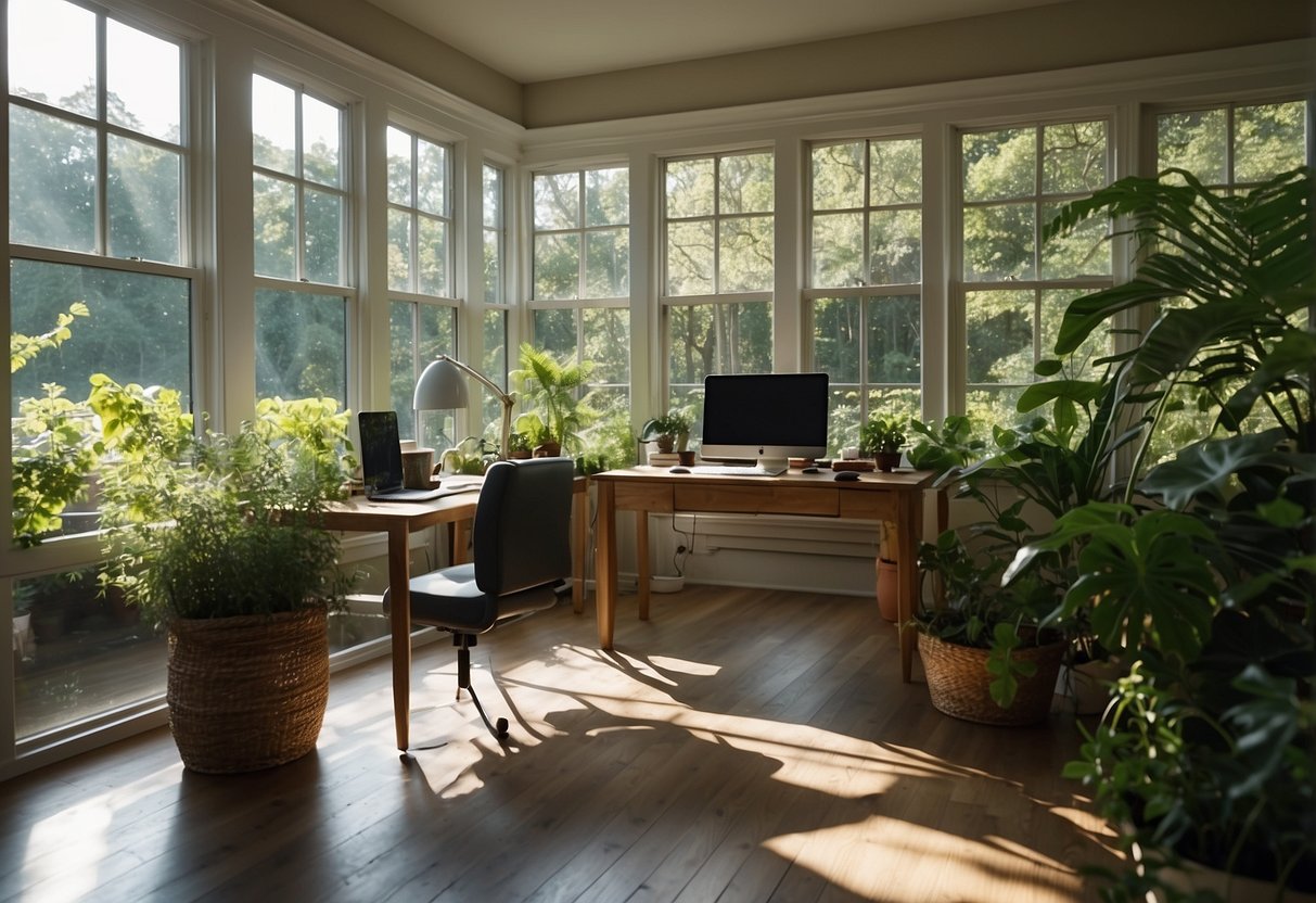 A sunroom office space with a view of lush greenery and sunlight streaming in through large windows. A cozy desk and chair are positioned to take advantage of the natural light