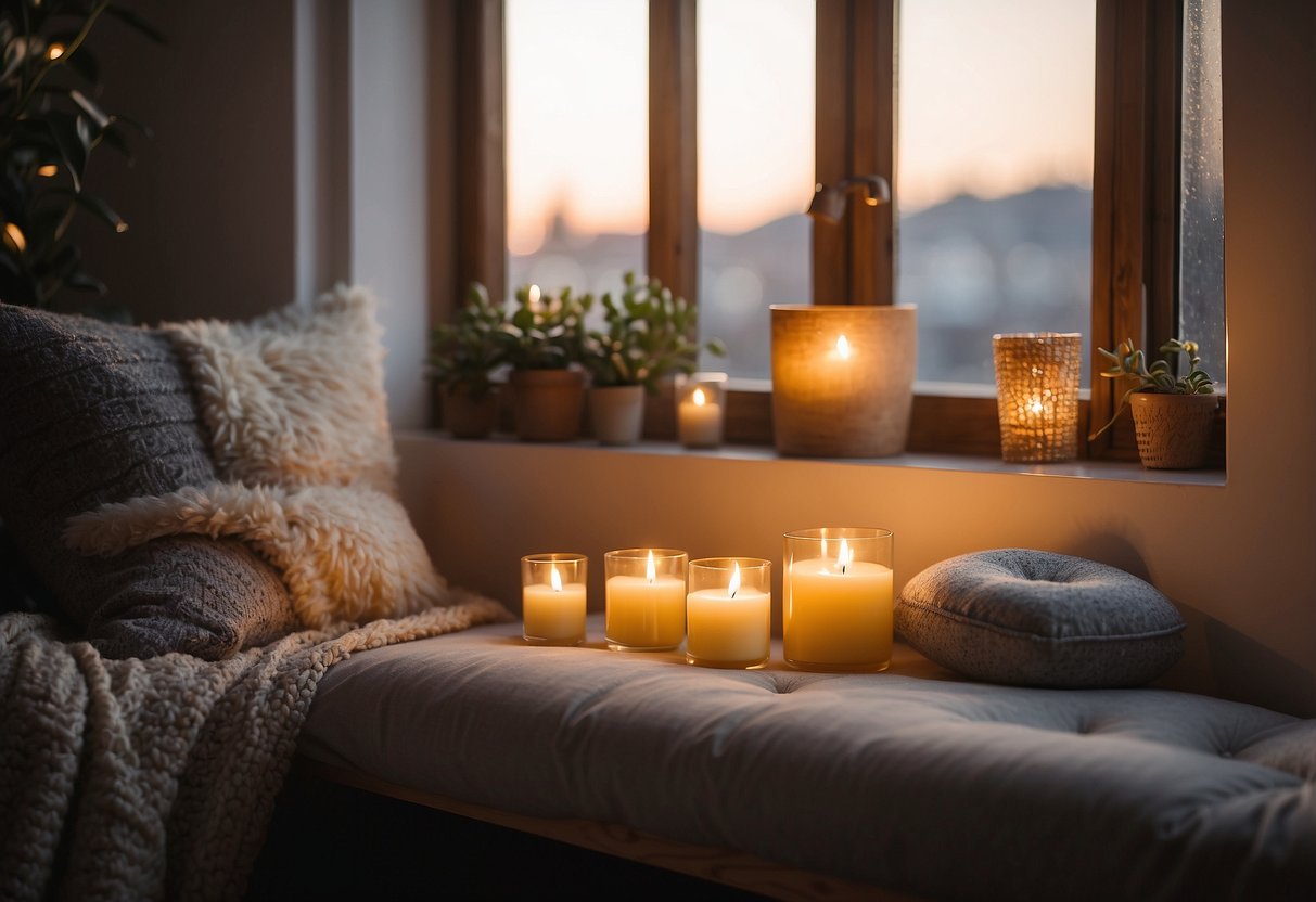 A cozy sunlit corner with plush cushions and flickering candles creates a serene meditation space