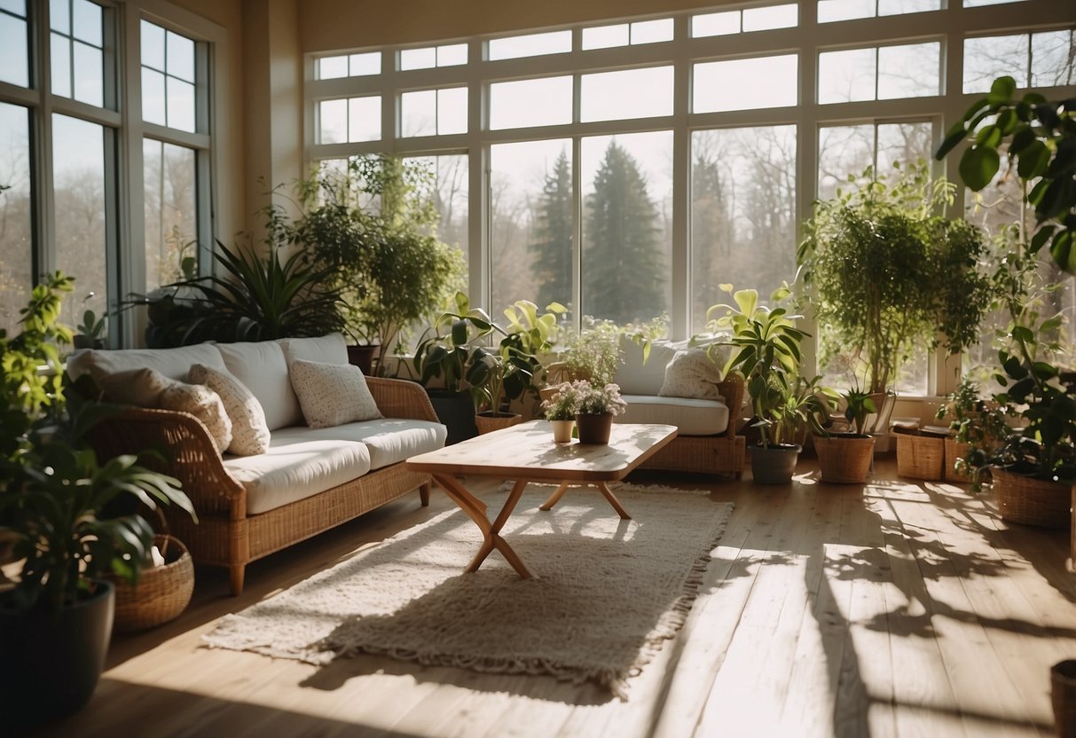 A bright, spacious sunroom with insulated windows, filled with cozy furniture and potted plants, bathed in natural light