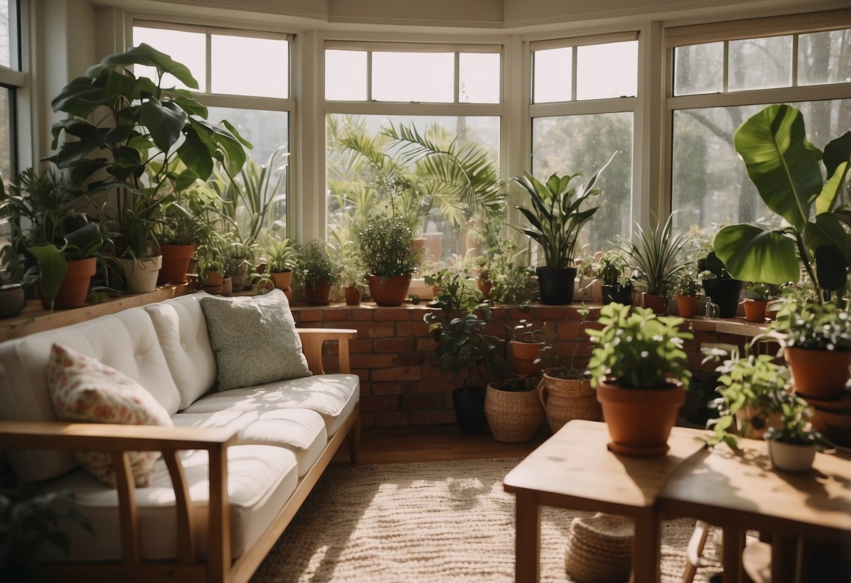 A cozy sunroom with plush seating, natural light, and potted plants. A bookshelf and a small table for drinks and snacks