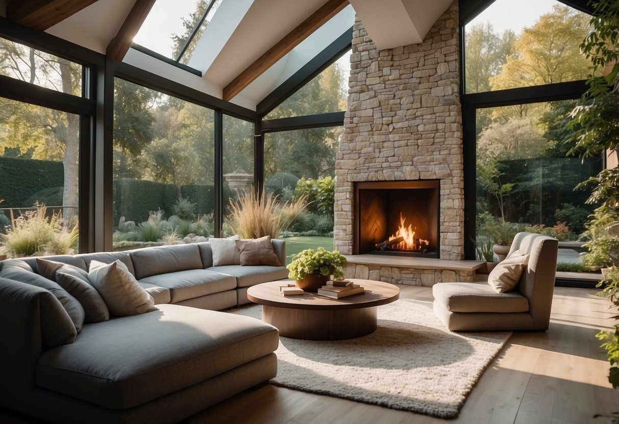 A sunken living room with cozy seating around a central fireplace, surrounded by built-in bookshelves and large windows overlooking a lush garden