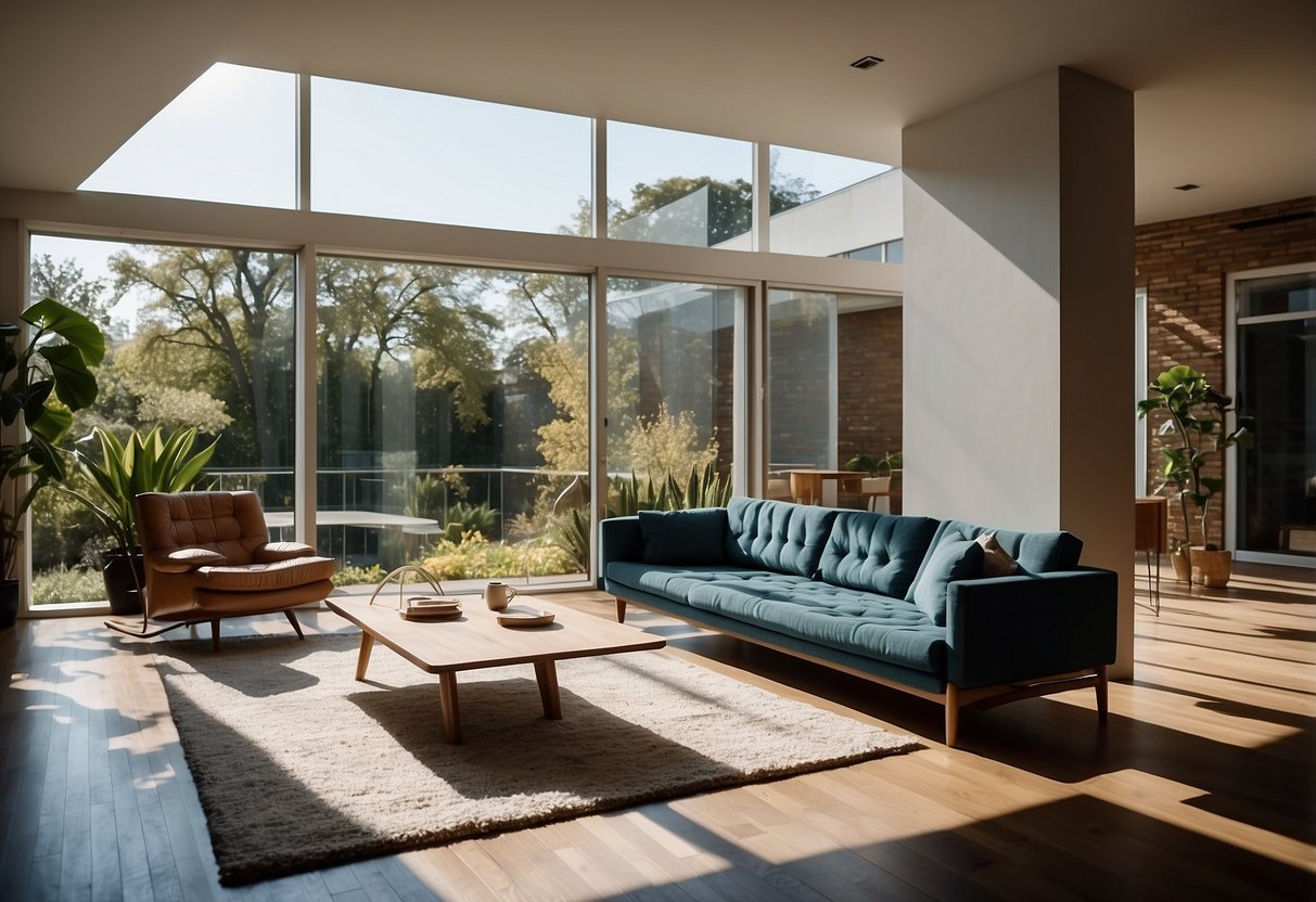 A sunken living room with a mid-century modern sofa, surrounded by sleek, minimalist decor and large windows letting in natural light